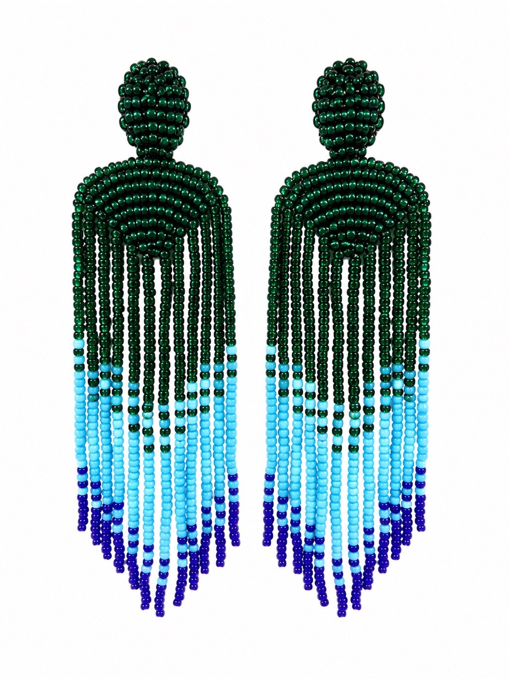 Zara Beaded Fringe Drop Earrings in Dark Green, Light Blue and Royal Blue